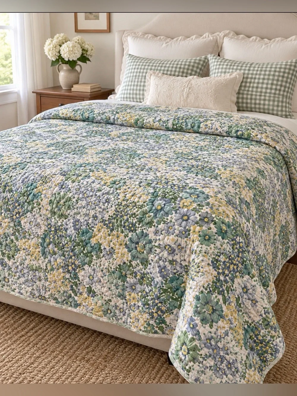 Laura Ashley Full Queen Reversible Quilt Floral ticking stripe Cotton